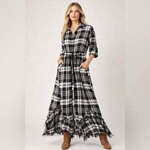 Kosmios Plaid Maxi Dress M Black White Boho Fringe Hem Pockets Tie Waist Flowy
